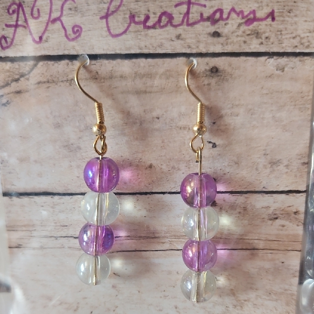 Handmade Purple and Clear Beaded Earrings With Gold Wire